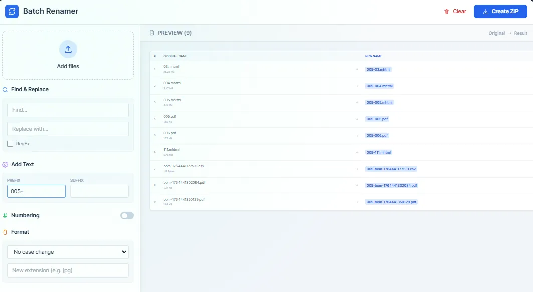 file-renamer utiliidi ekraanipilt